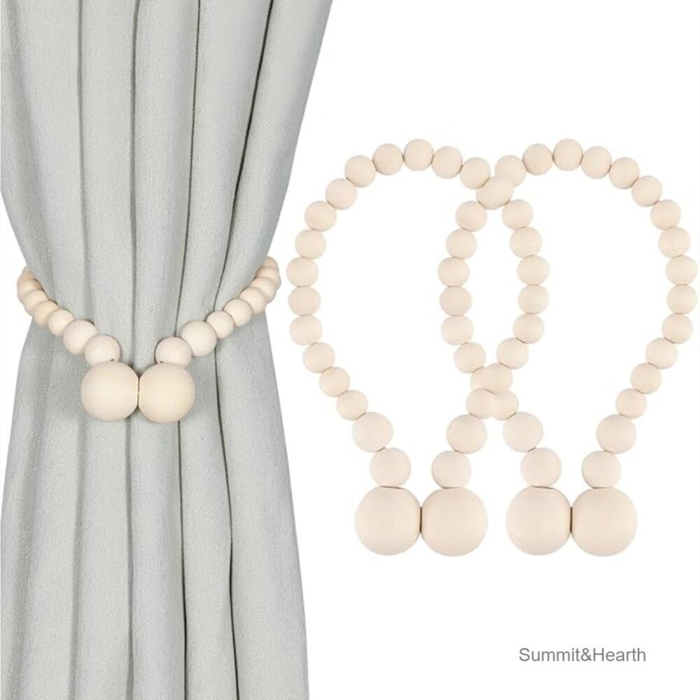 Magnetic Wood Bead Curtain Tiebacks 2 Pack, No Drill Holdbacks for Boho Decor